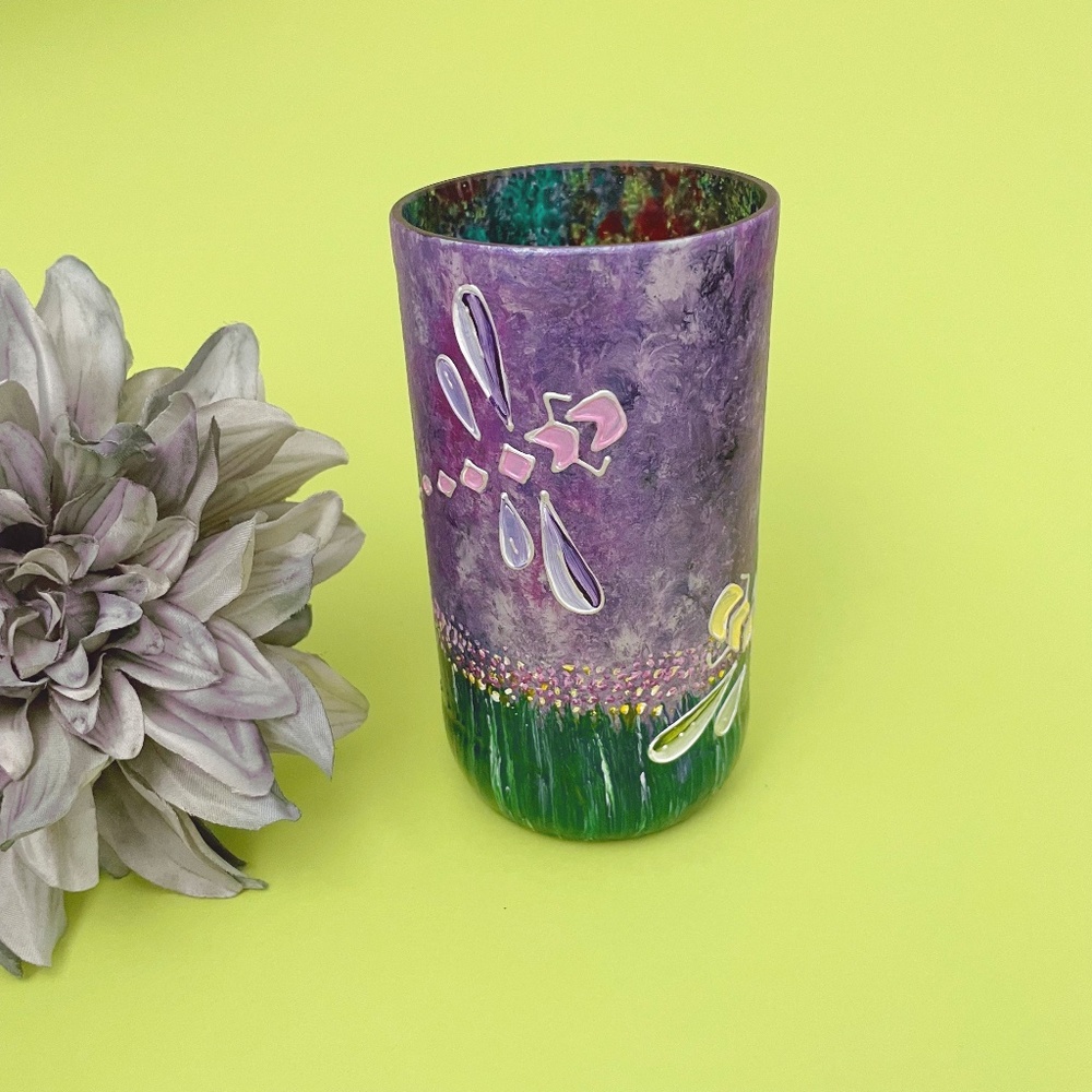 Hand-painted Dragonfly Glass Vase/Holder - Cut Recycled Wine Bottle